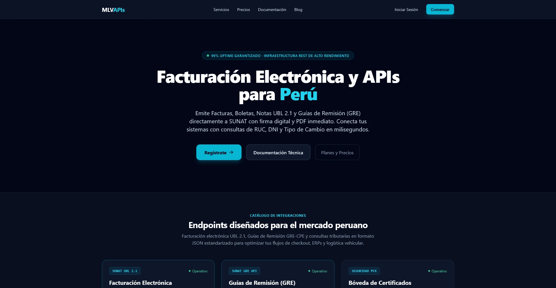 Captura de pantalla de MLV APIs (mlvapis.com)